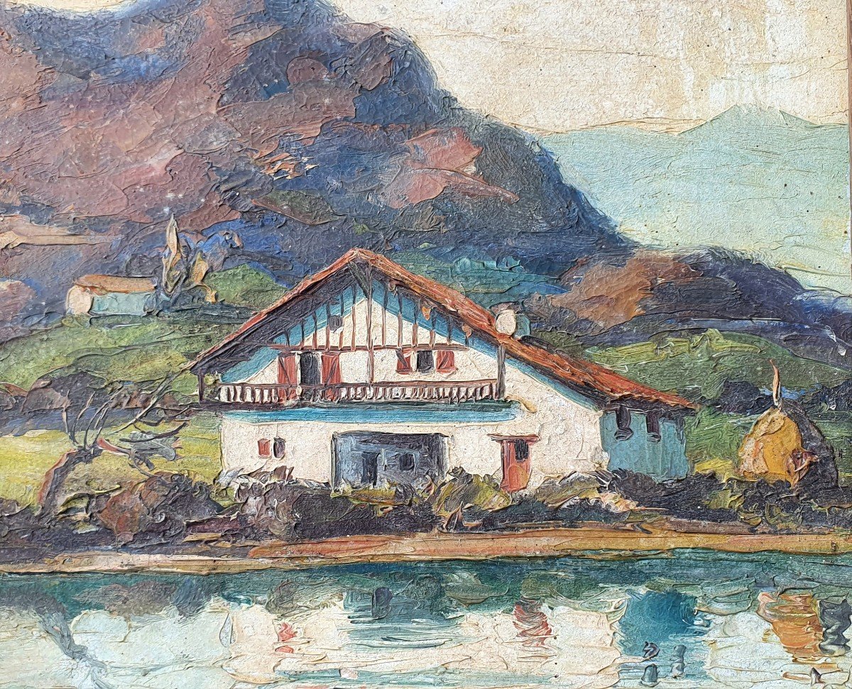 Jiva La Nivelle And La Rhune Basque Country Oil On Cardboard Pyrenees Basque House -photo-4