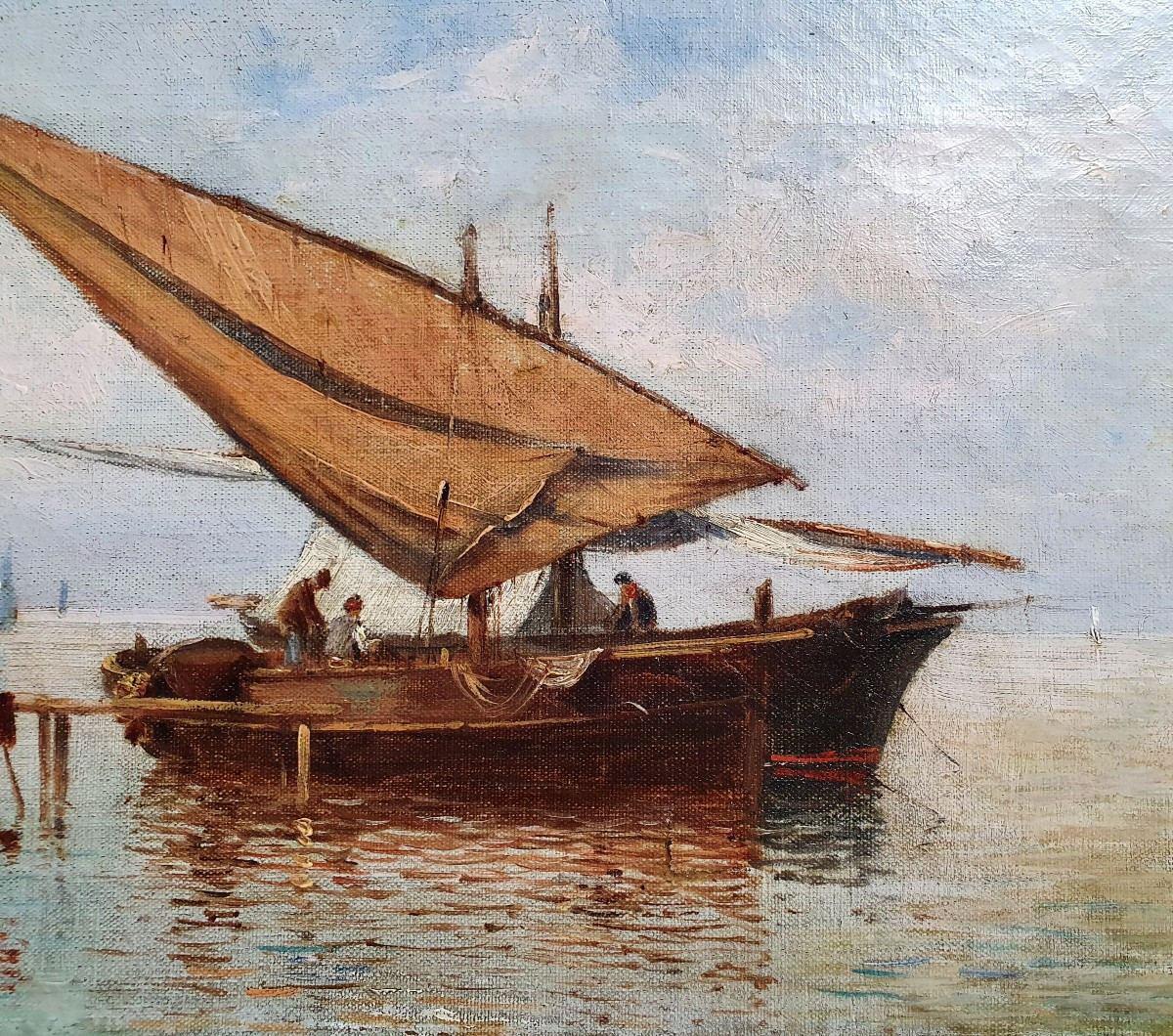 Fishermen Boats Marine Oil On Canvas From The End Of The 19th Century Signature To Be Identified -photo-3