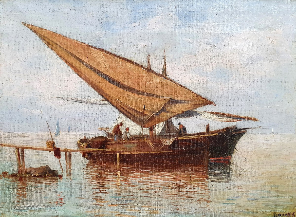 Fishermen Boats Marine Oil On Canvas From The End Of The 19th Century Signature To Be Identified 