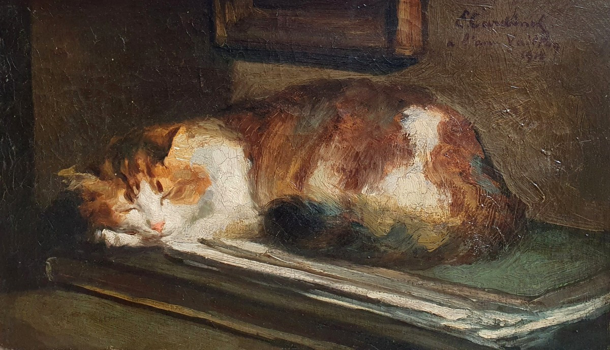 Emile Valentin Cardinal Sleeping Cat On A Drawing Board 1910 Oil On Canvas