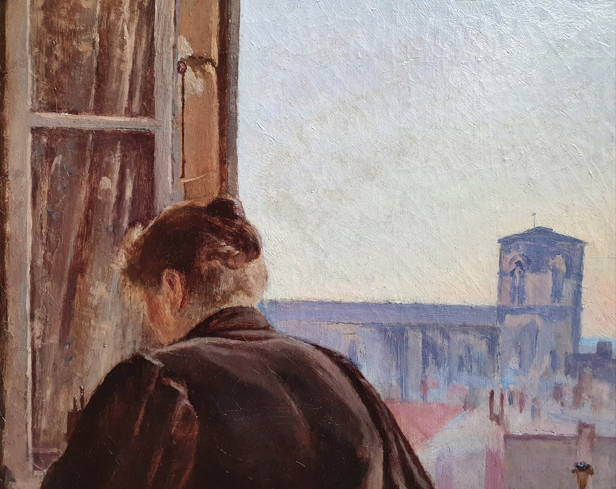 Camille Bellon Woman Sewing Saint-jean Cathedral Lyon Oil On Canvas 1896 -photo-2