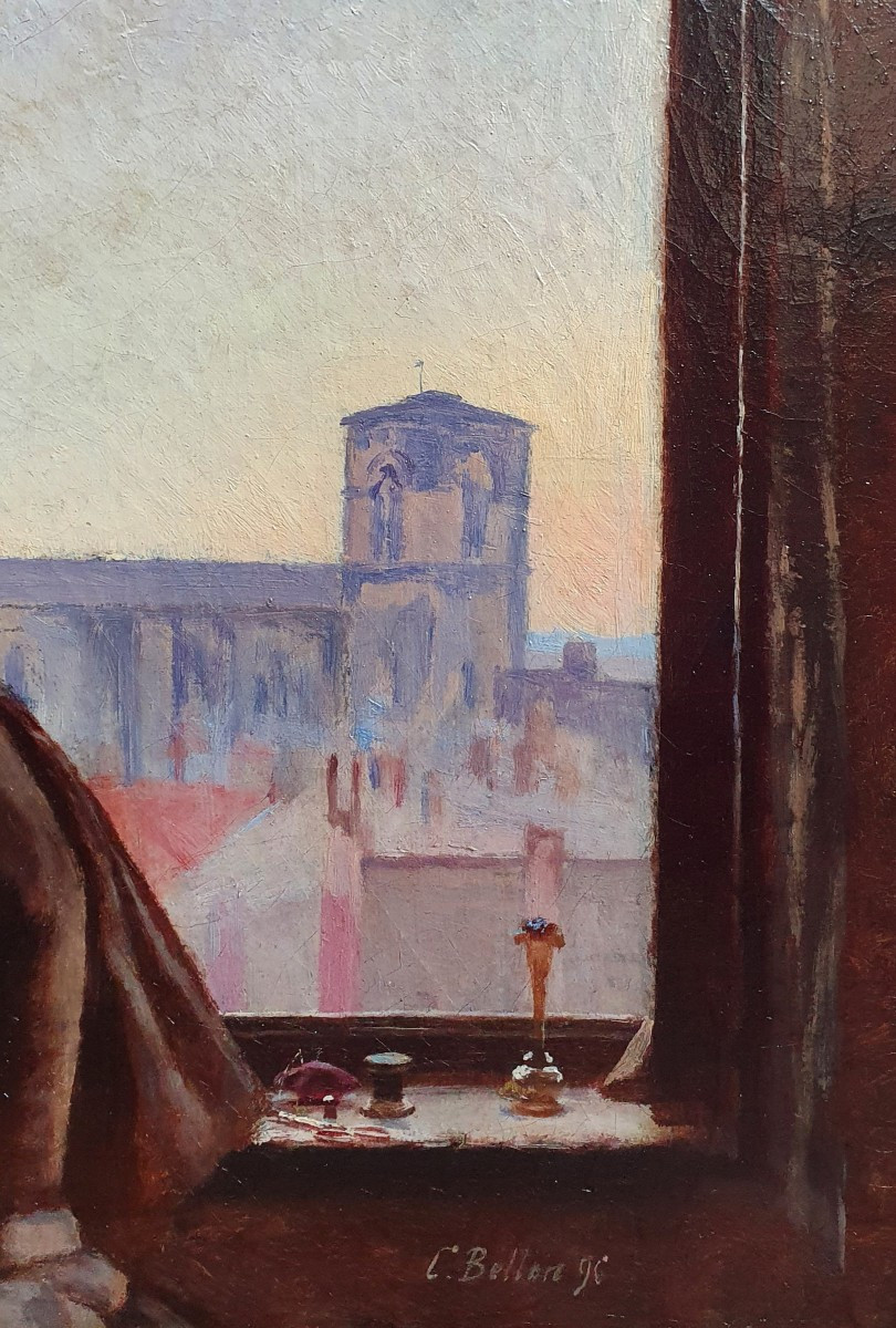 Camille Bellon Woman Sewing Saint-jean Cathedral Lyon Oil On Canvas 1896 -photo-1