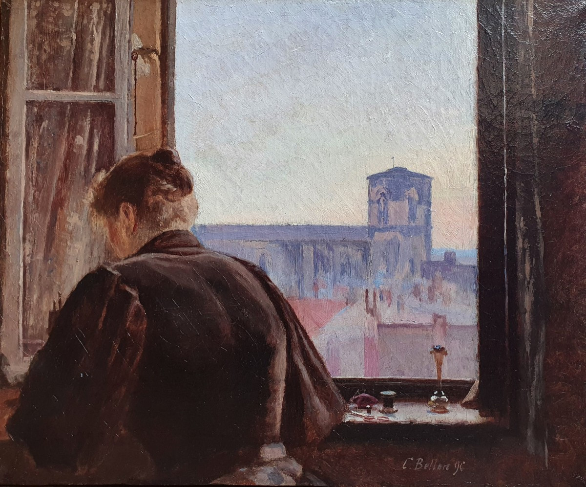 Camille Bellon Woman Sewing Saint-jean Cathedral Lyon Oil On Canvas 1896 
