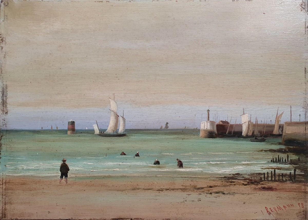 Jacques Joseph Reymann baignade Personnages Sur La Plage Port Marine 1883 Huile Panneau bateau