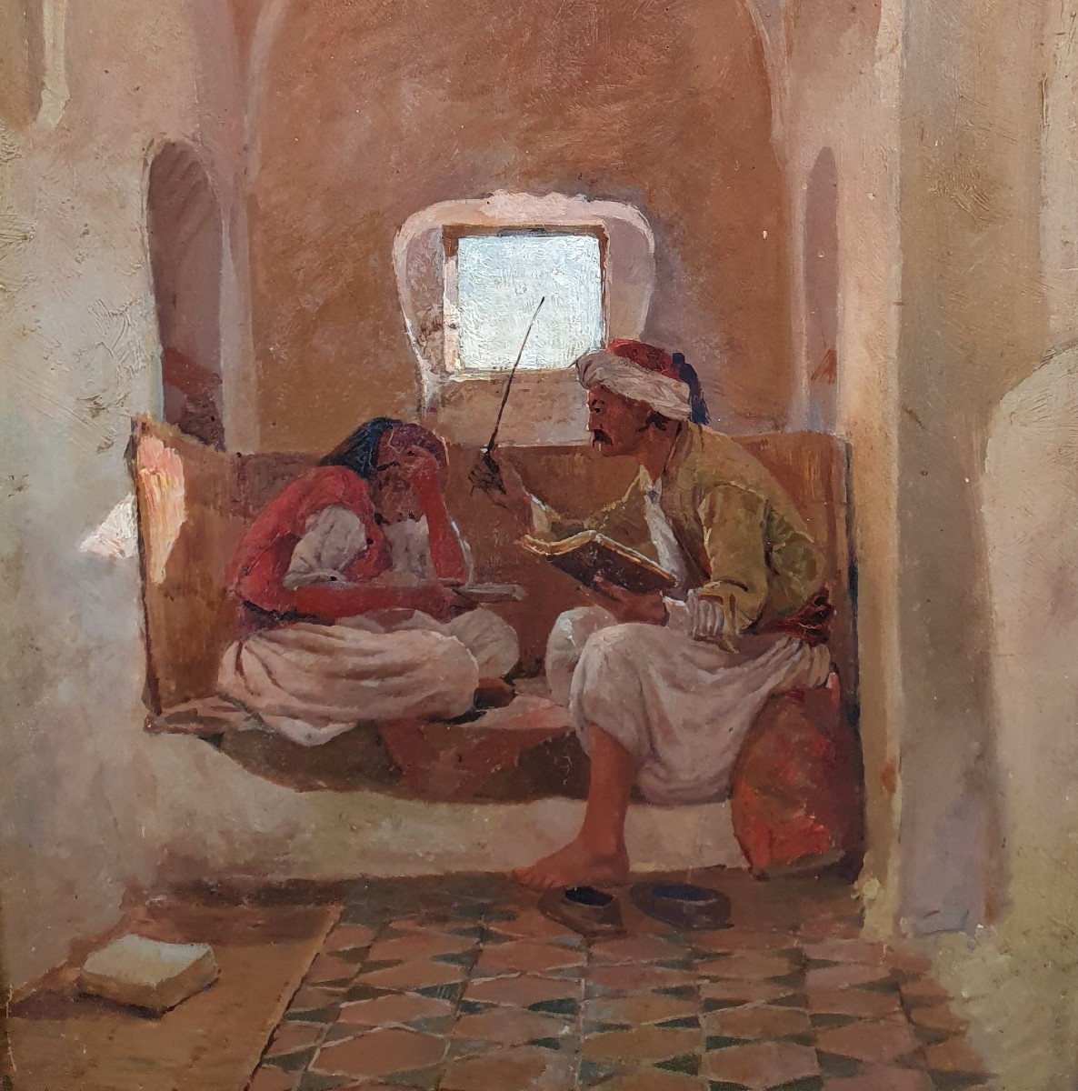 Numa Marzocchi de Bellucci La leçon Intérieur moresque à Alger huile  panneau 1880 orientalisme-photo-3