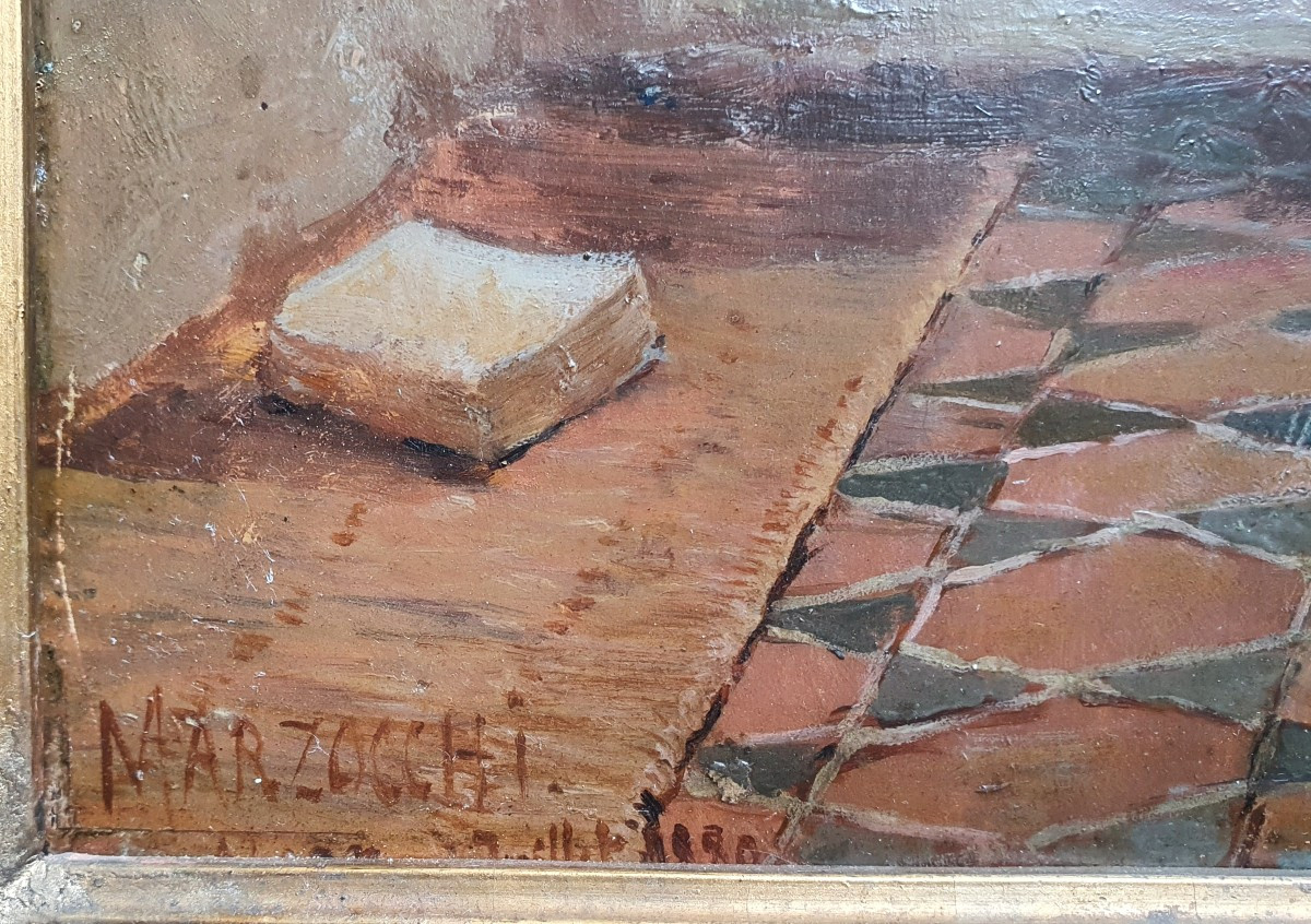 Numa Marzocchi de Bellucci La leçon Intérieur moresque à Alger huile  panneau 1880 orientalisme-photo-4