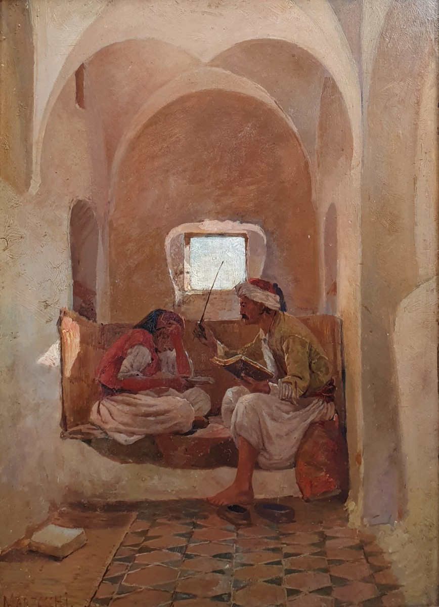 Numa Marzocchi de Bellucci La leçon Intérieur moresque à Alger huile  panneau 1880 orientalisme