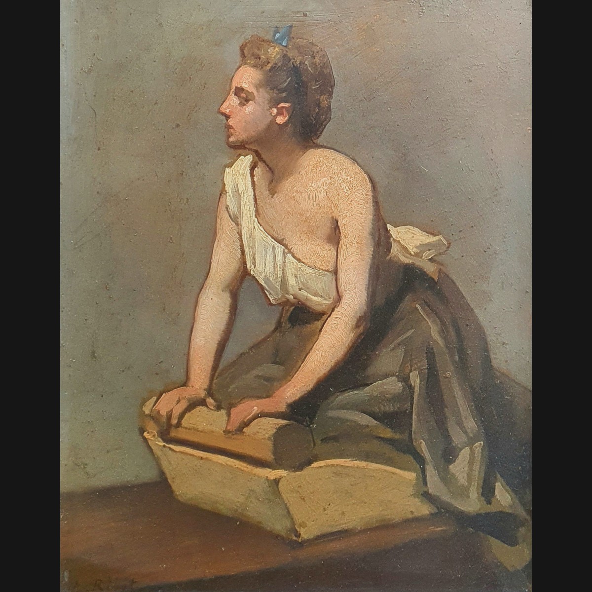 Théodule Ribot The Washerwoman Oil On Cardboard Sketch-photo-2