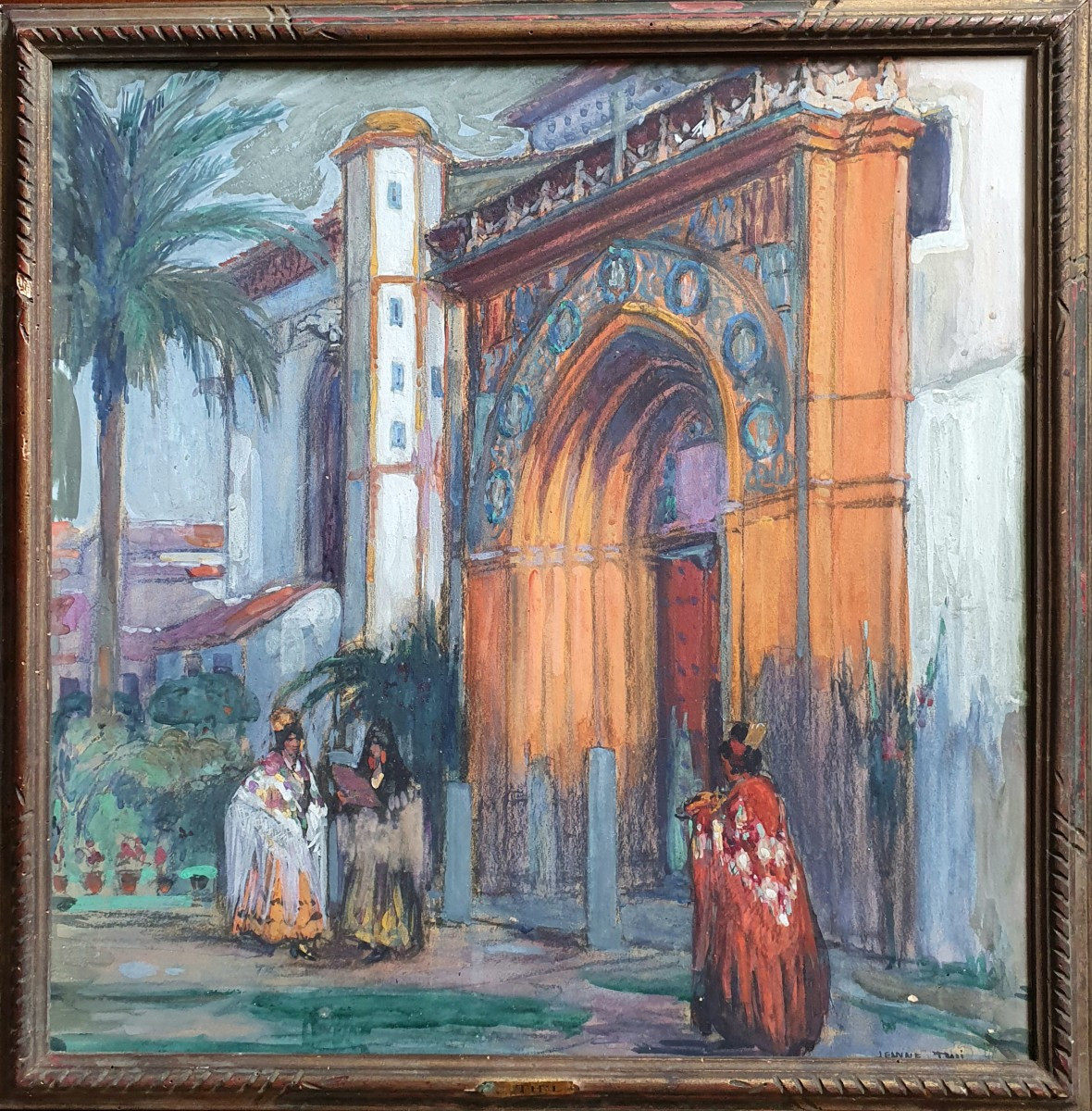 Jeanne Thil Plaza de America Séville Scène animée gouache sur papier Espagne -photo-2