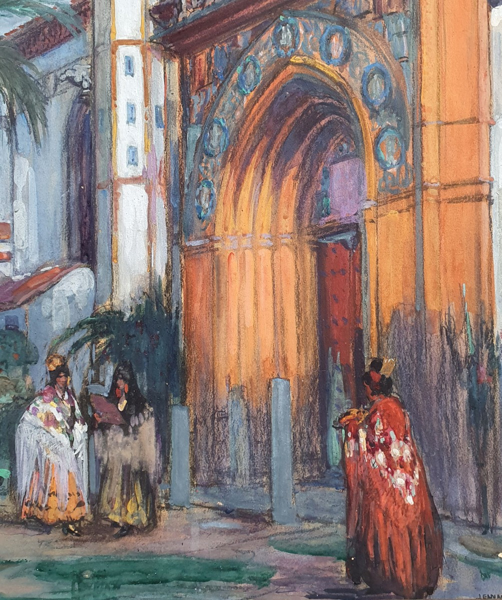 Jeanne Thil Plaza de America Séville Scène animée gouache sur papier Espagne -photo-4