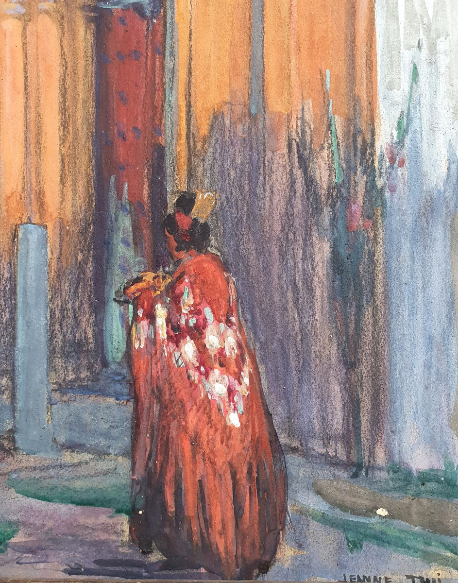 Jeanne Thil Plaza de America Séville Scène animée gouache sur papier Espagne -photo-1