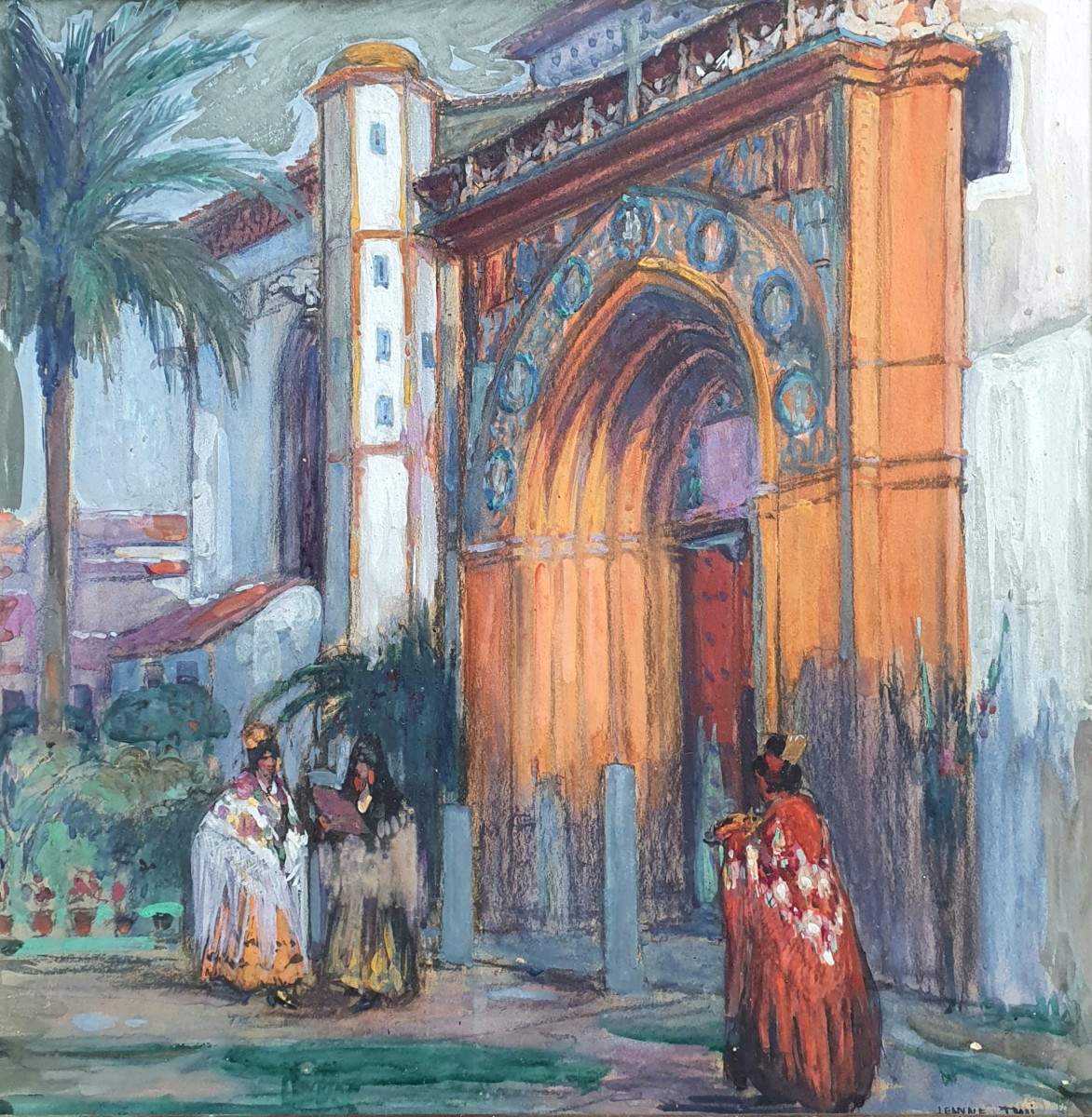 Jeanne Thil Plaza de America Séville Scène animée gouache sur papier Espagne 