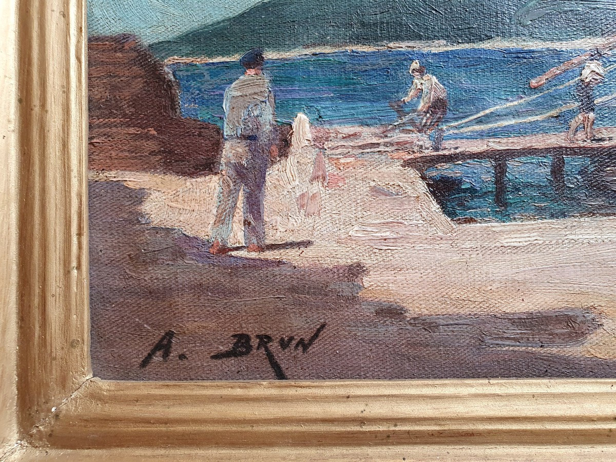 Alexandre Brun Scène animée dans un port méditerranéen Huile sur toile début XXéme Marseille-photo-4