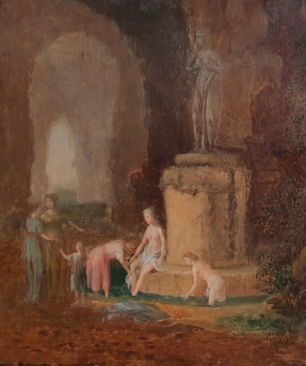 Nymphs Bathing Near Ruins Oil On Panel Circa 1800 Cave Dutch School -photo-3