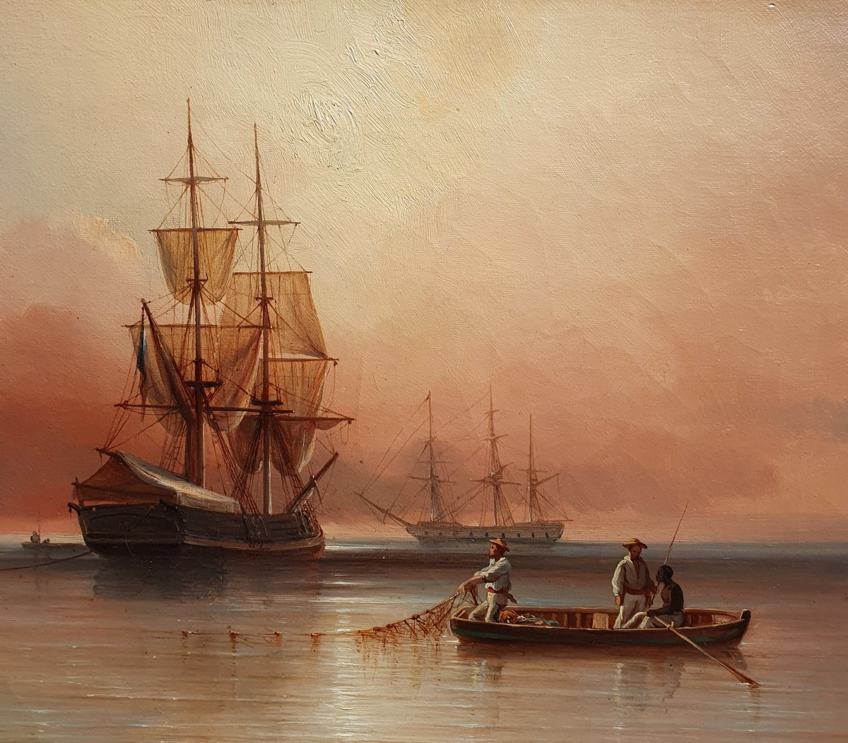 François Joseph Tronville Les pêcheurs au crépuscule huile toile 1847 Marine -photo-3