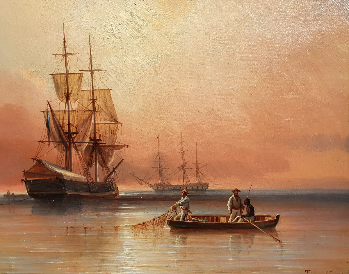 François Joseph Tronville Les pêcheurs au crépuscule huile toile 1847 Marine -photo-4
