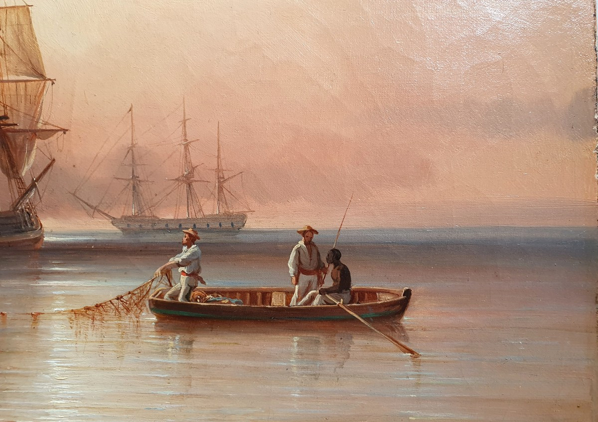 François Joseph Tronville Les pêcheurs au crépuscule huile toile 1847 Marine -photo-1