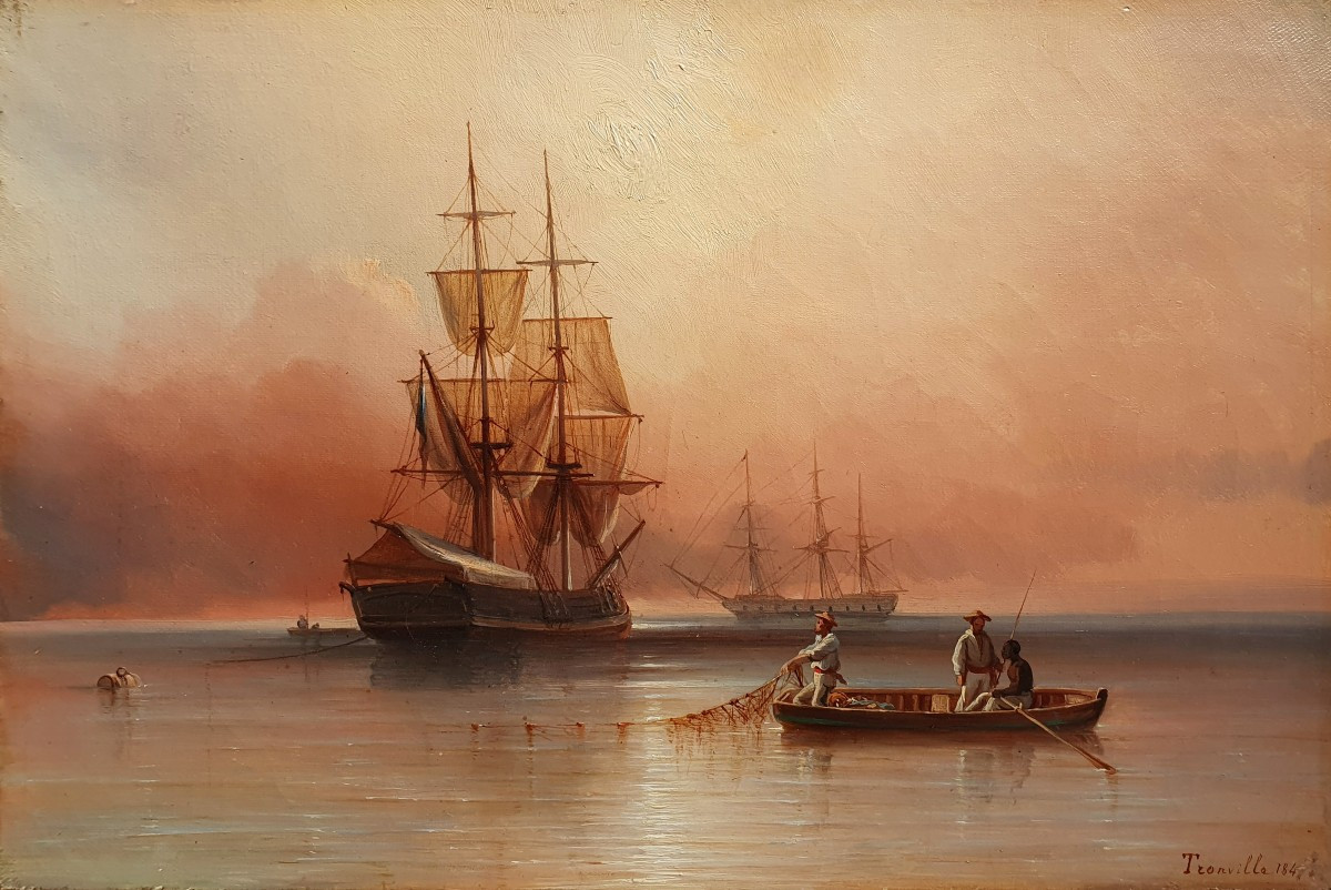 François Joseph Tronville Les pêcheurs au crépuscule huile toile 1847 Marine 