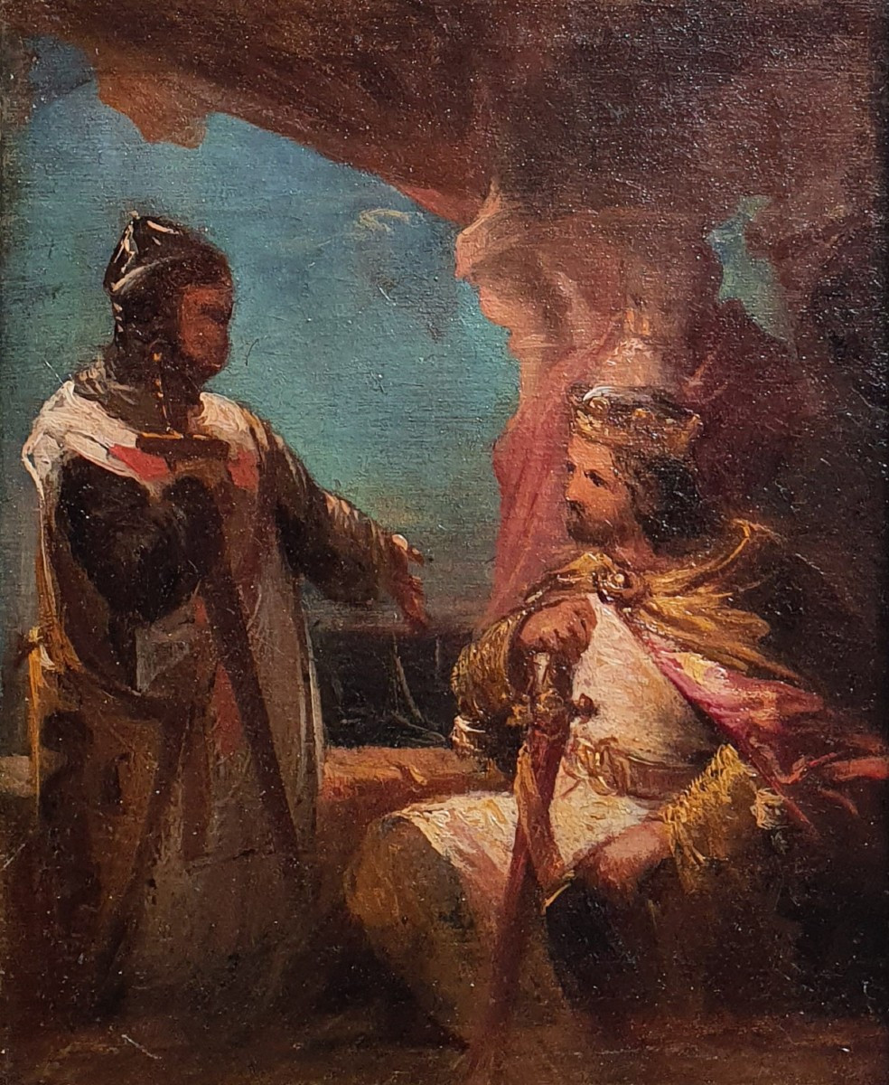 Esquisse scène de croisade huile toile XIXème