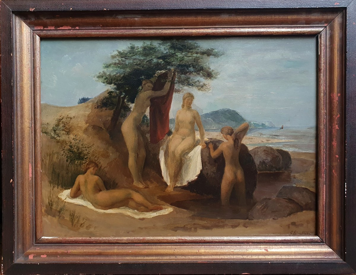 Gerhard Eisenblätter Baigneuses en bord de mer huile sur pannier vers 1930 peintre allemand-photo-2