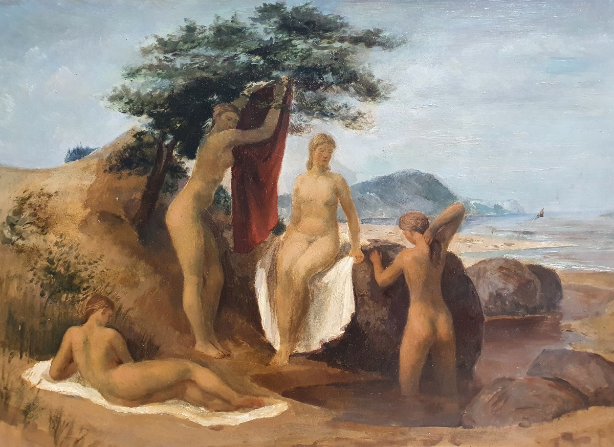 Gerhard Eisenblätter Baigneuses en bord de mer huile sur pannier vers 1930 peintre allemand-photo-3