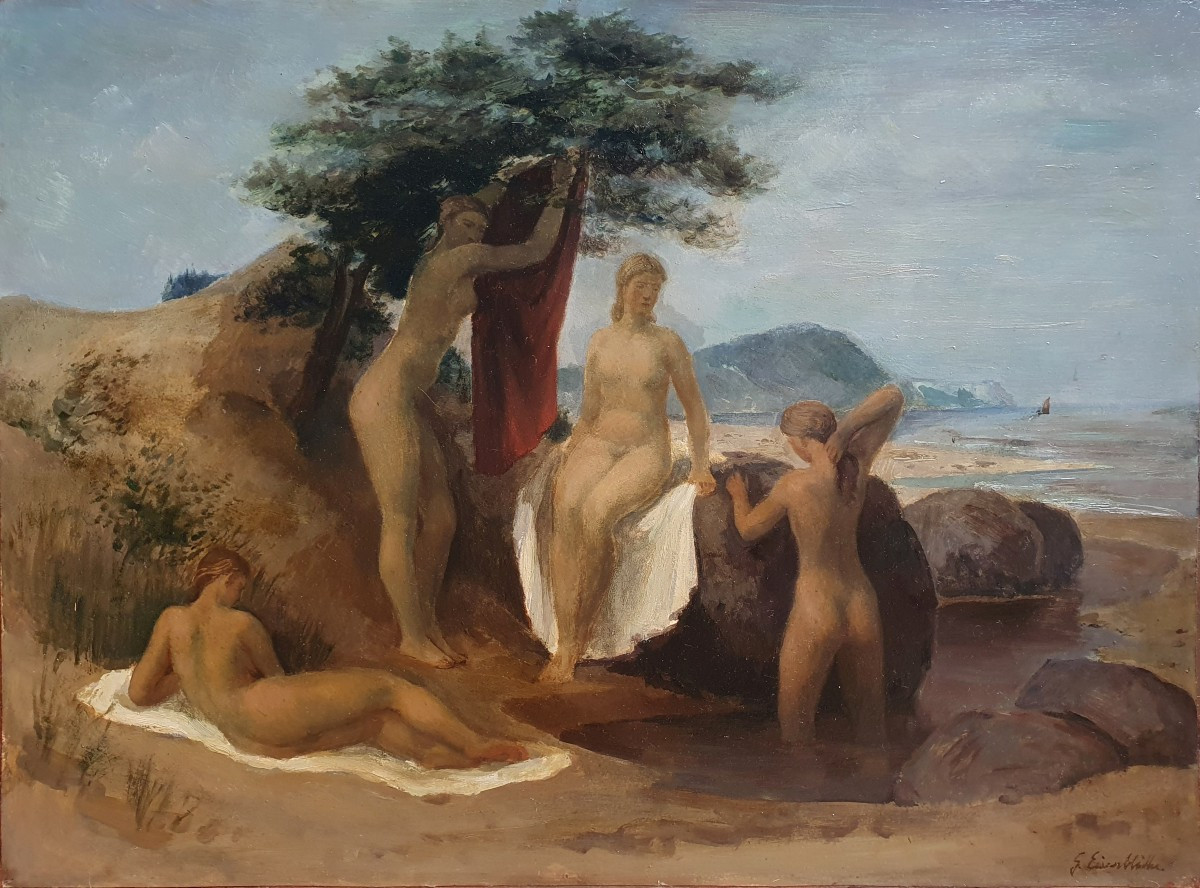 Gerhard Eisenblätter Baigneuses en bord de mer huile sur pannier vers 1930 peintre allemand