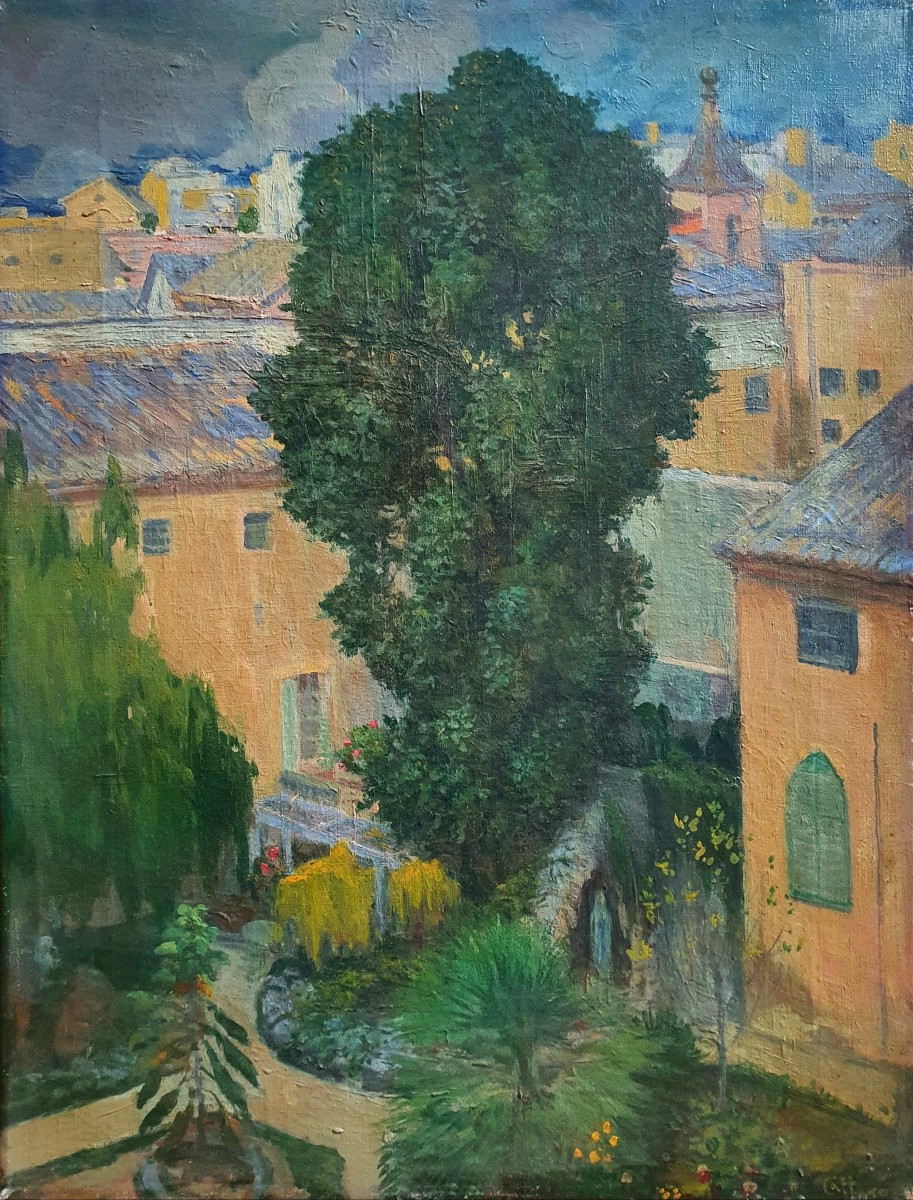 Pedro Caffaro Jaume vue d'une ville espagnole huile sur toile peintre espagnol 