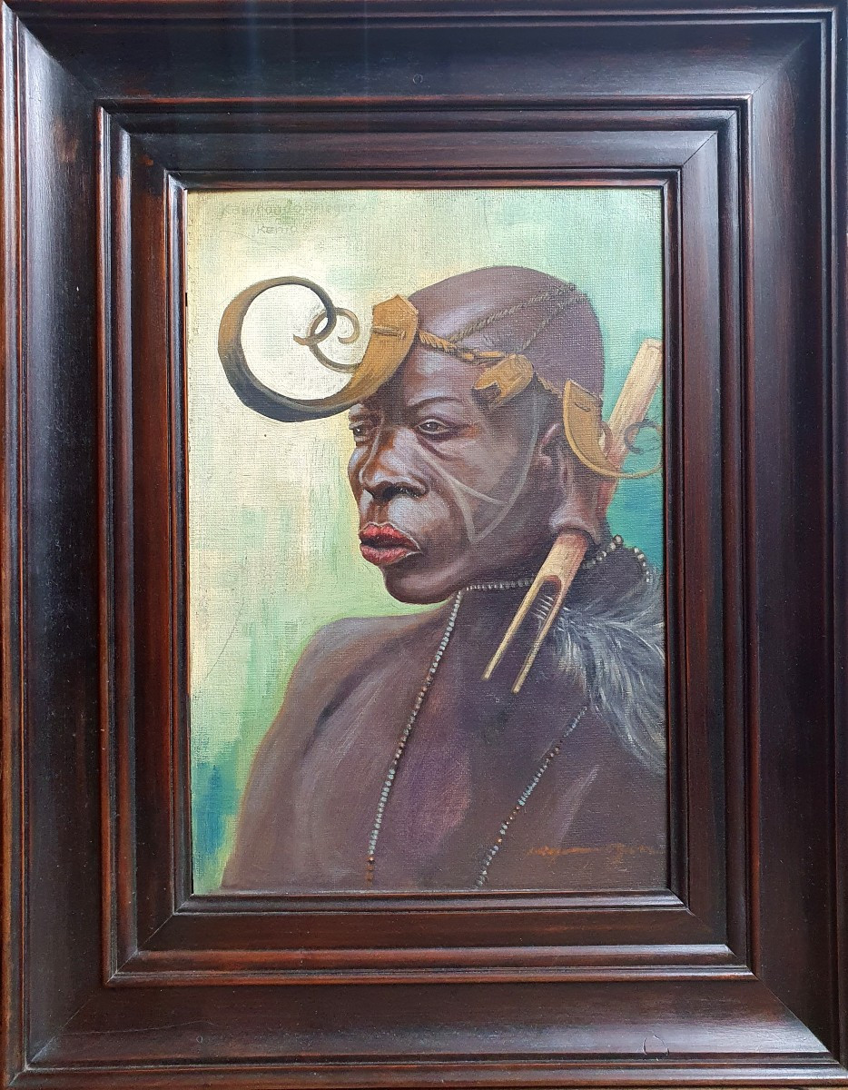 Portrait Of A Warrior Kavirondo (luo) Kenya Oil On Panel Circa 1930-40 German Painter-photo-2