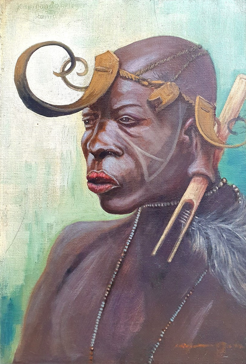 Portrait Of A Warrior Kavirondo (luo) Kenya Oil On Panel Circa 1930-40 German Painter