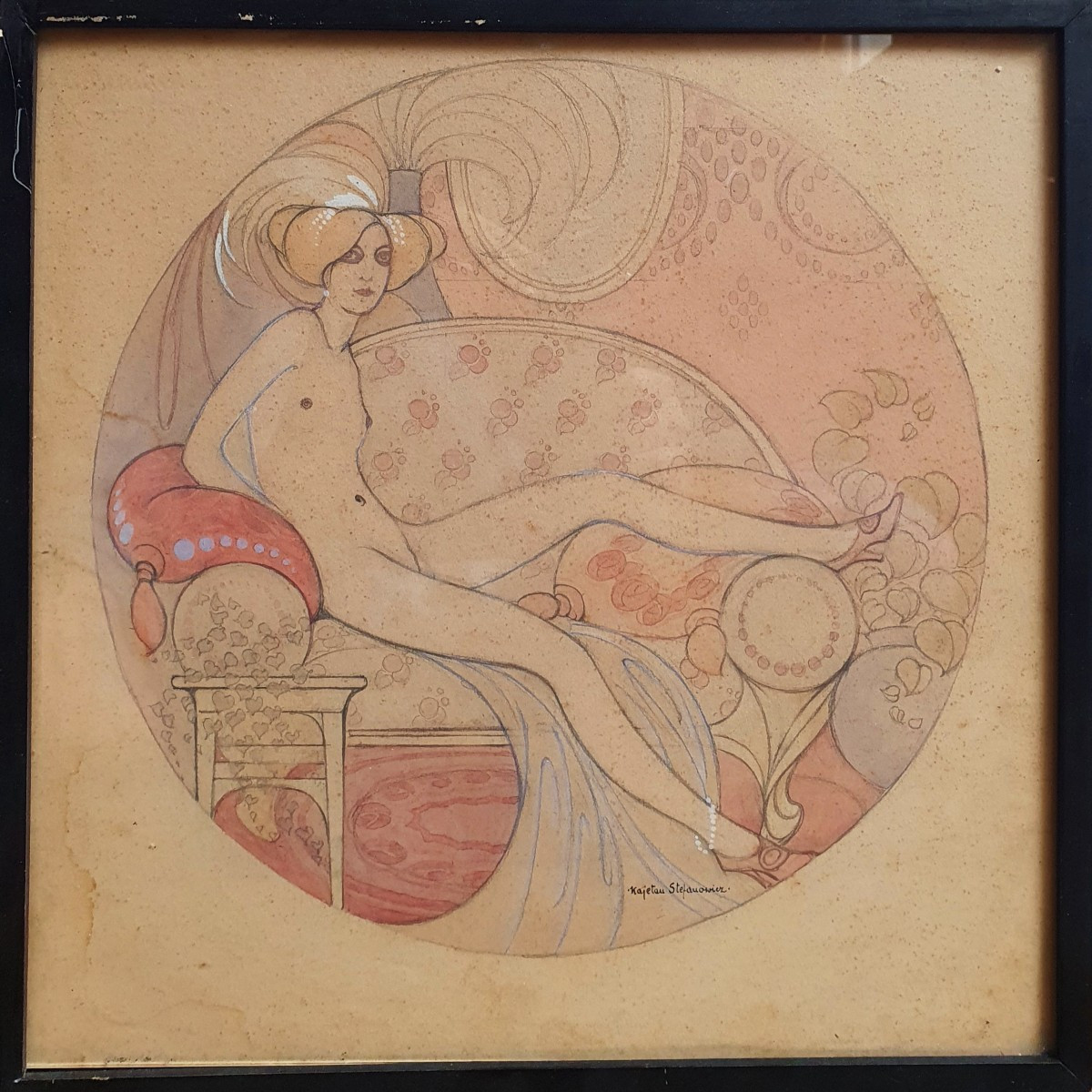Kajetan Stefanowicz femme nue allongée sur une banquette art déco vers 1915-photo-2