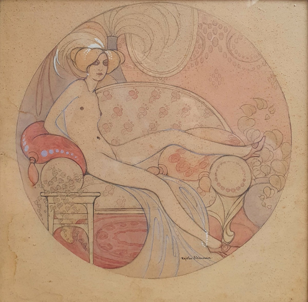 Kajetan Stefanowicz femme nue allongée sur une banquette art déco vers 1915