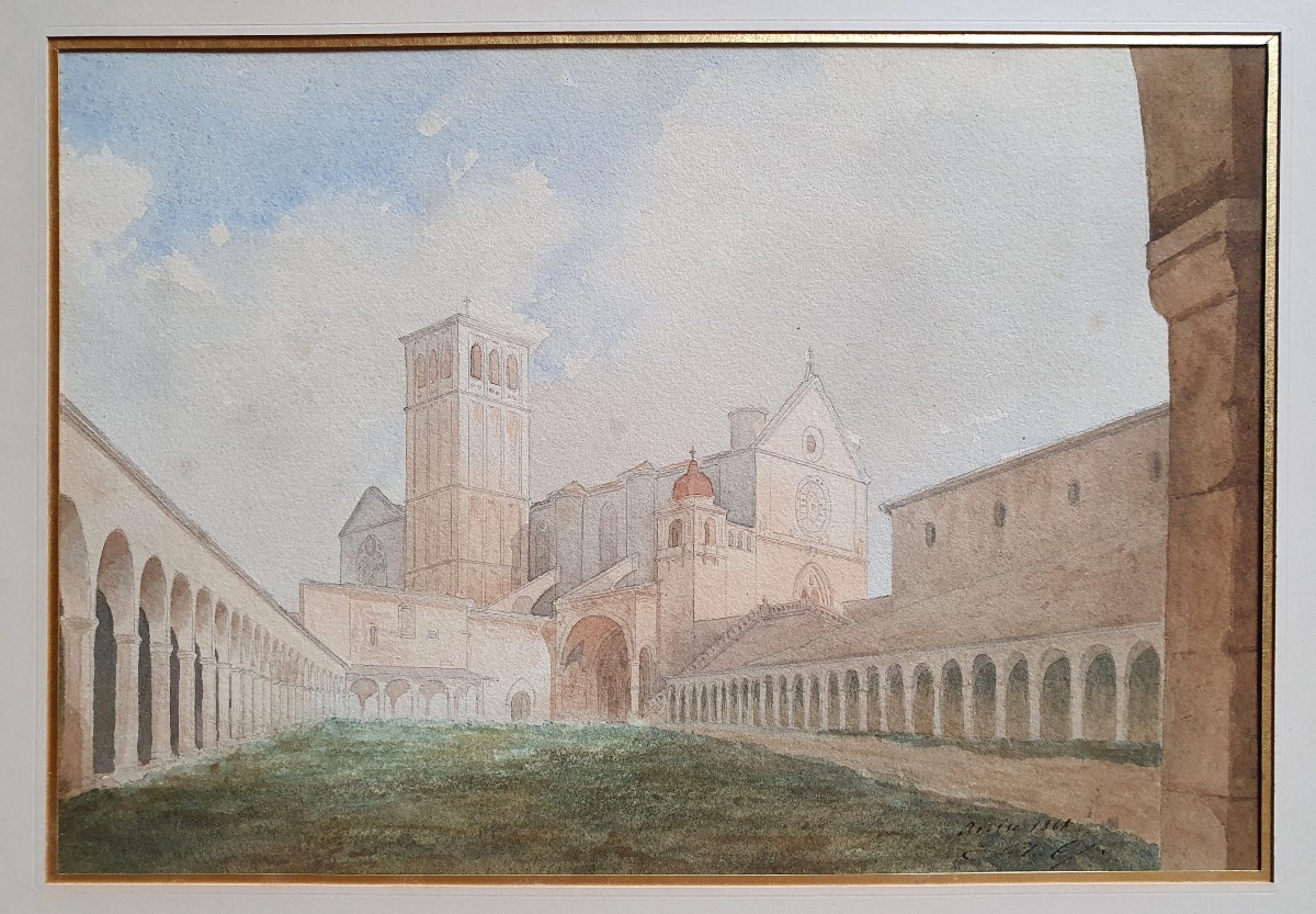 The Basilica Of Saint Francis Of Assisi Watercolor On Paper 1861 Monogrammed Italy-photo-2