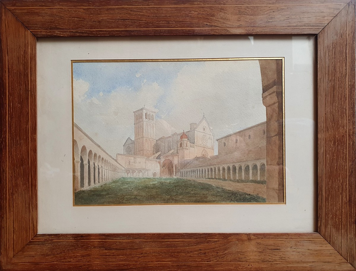 The Basilica Of Saint Francis Of Assisi Watercolor On Paper 1861 Monogrammed Italy-photo-3