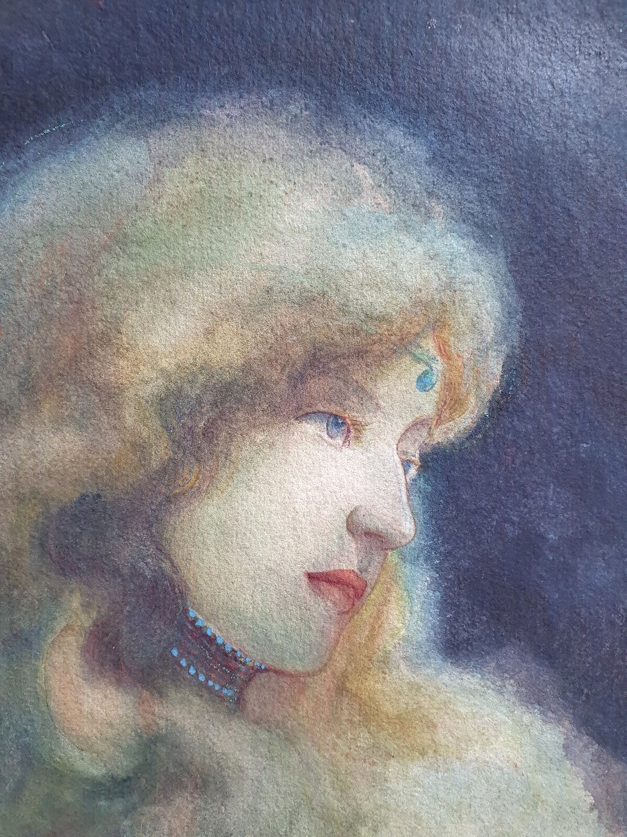 Alfred Chanzy Portrait de femme art nouveau vers 1900 Aquarelle -photo-3