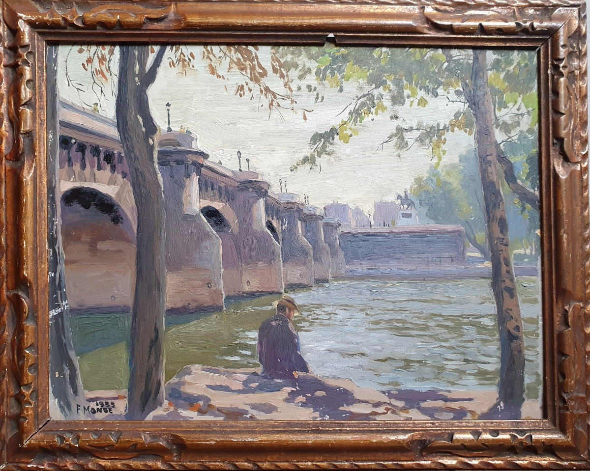 Homme assis devant le pont Neuf en bord de Seine huile sur carton Paris 1899 -photo-2