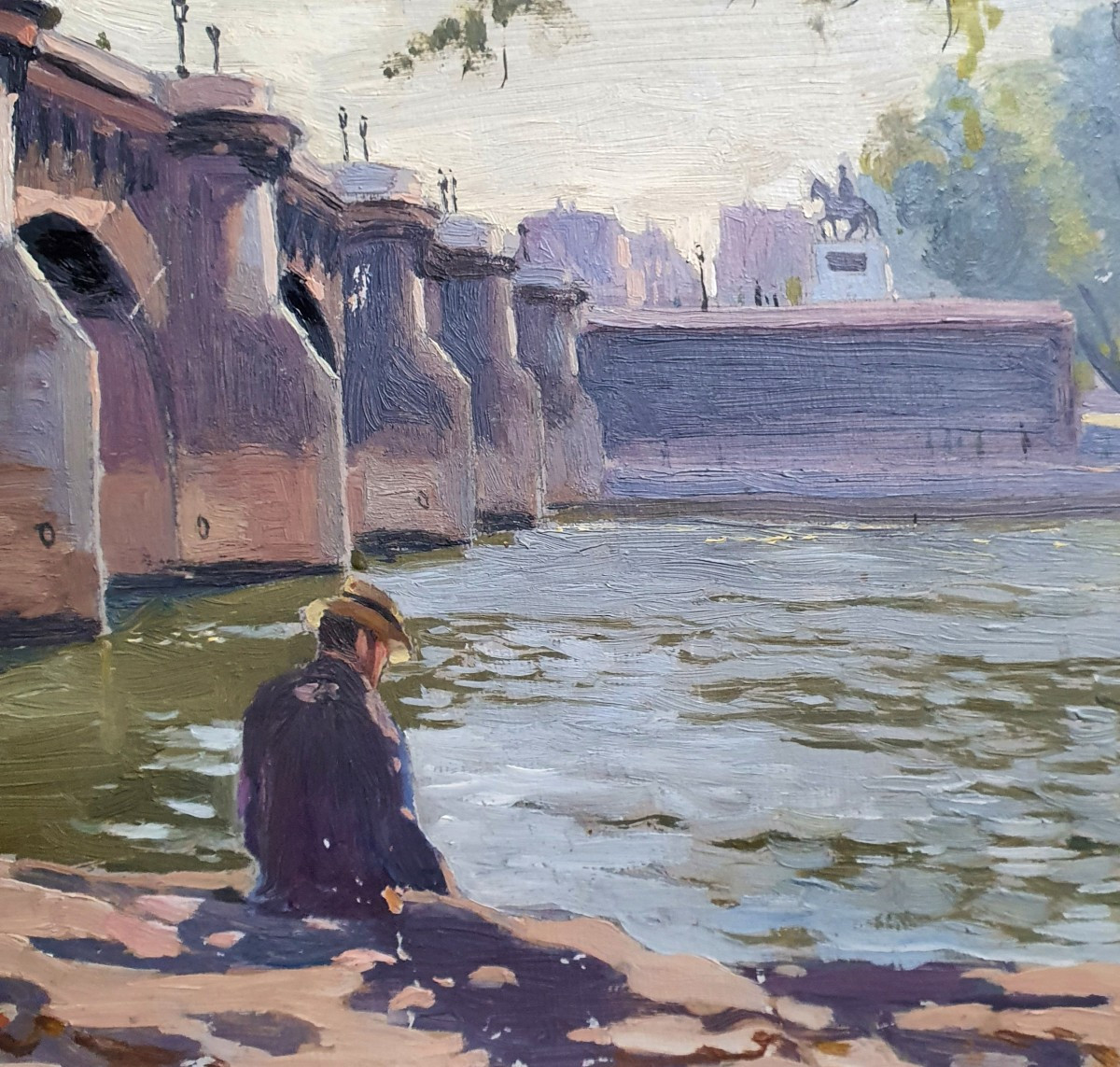 Homme assis devant le pont Neuf en bord de Seine huile sur carton Paris 1899 -photo-3