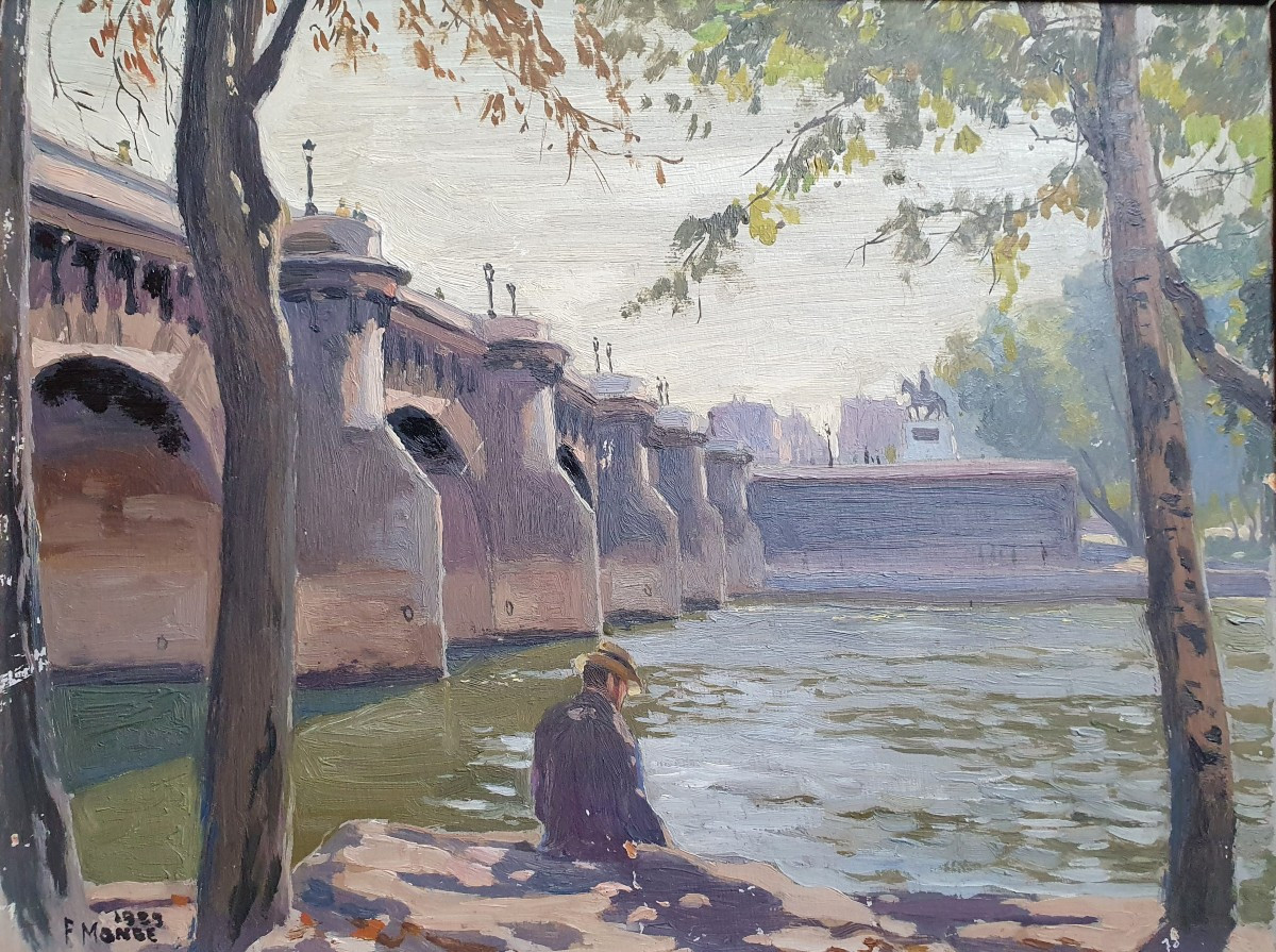 Homme assis devant le pont Neuf en bord de Seine huile sur carton Paris 1899 