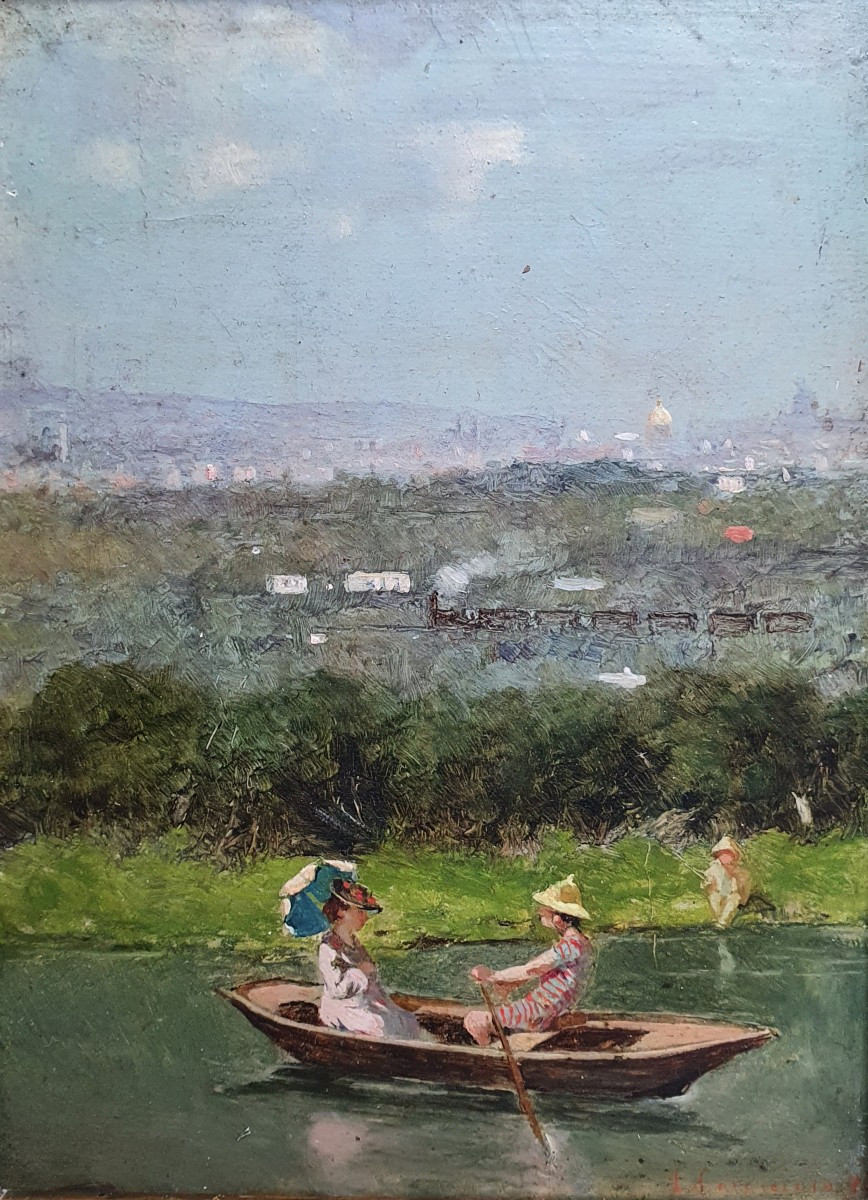 Ottorino Caracciolo Couple dans une barque Paris huile sur panneau 1876 impressionniste italien-photo-2