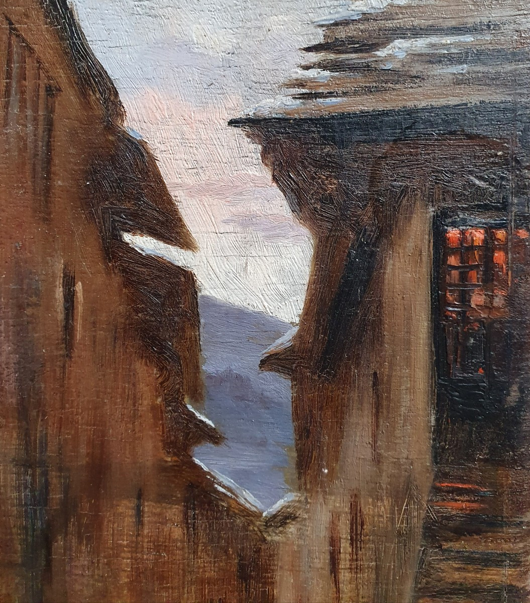 View Of A Snow-covered Village, Oil On Panel, Signature To Be Identified, 1921-photo-2