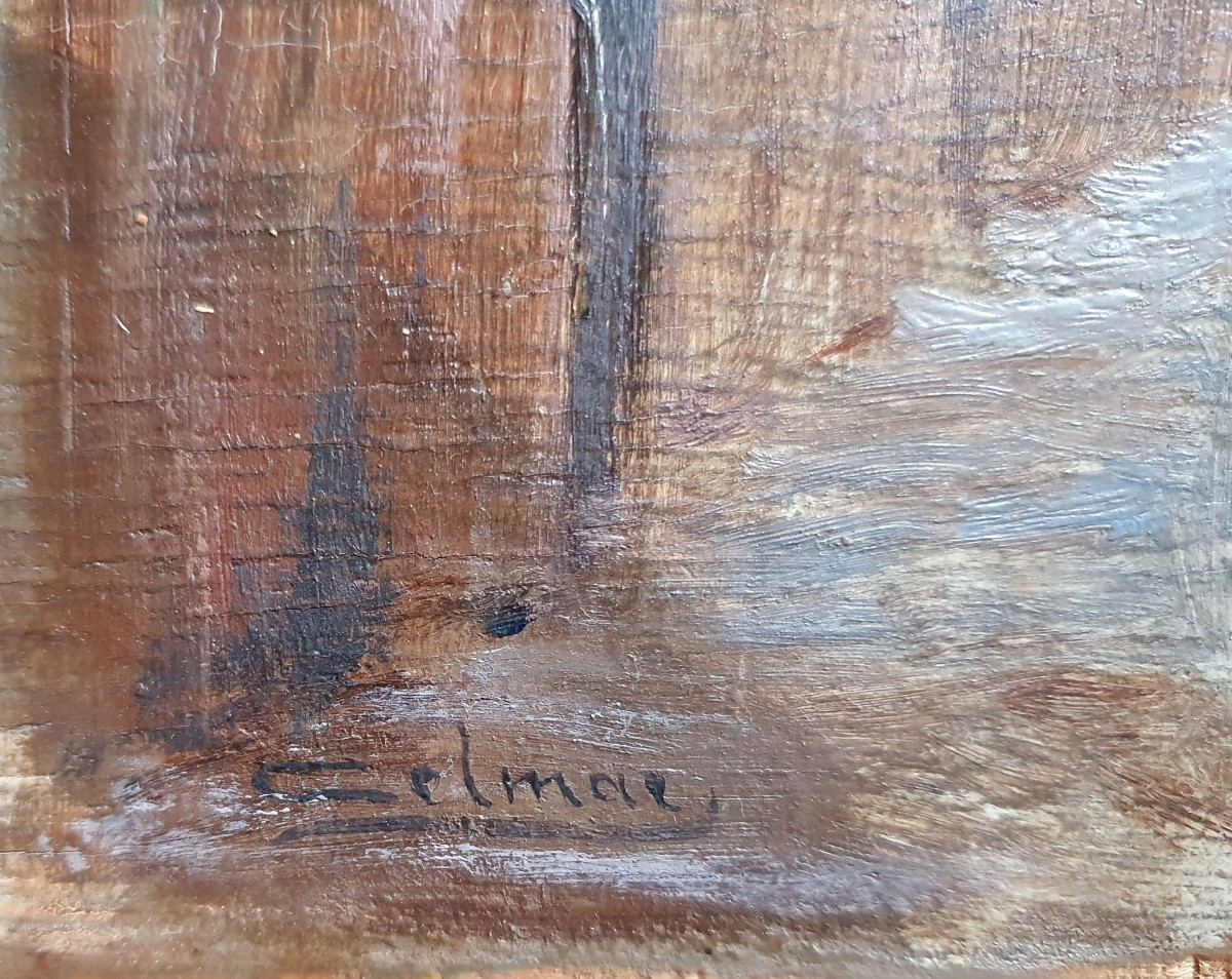 View Of A Snow-covered Village, Oil On Panel, Signature To Be Identified, 1921-photo-3