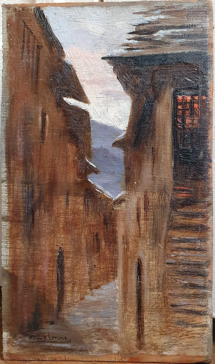 View Of A Snow-covered Village, Oil On Panel, Signature To Be Identified, 1921-photo-4