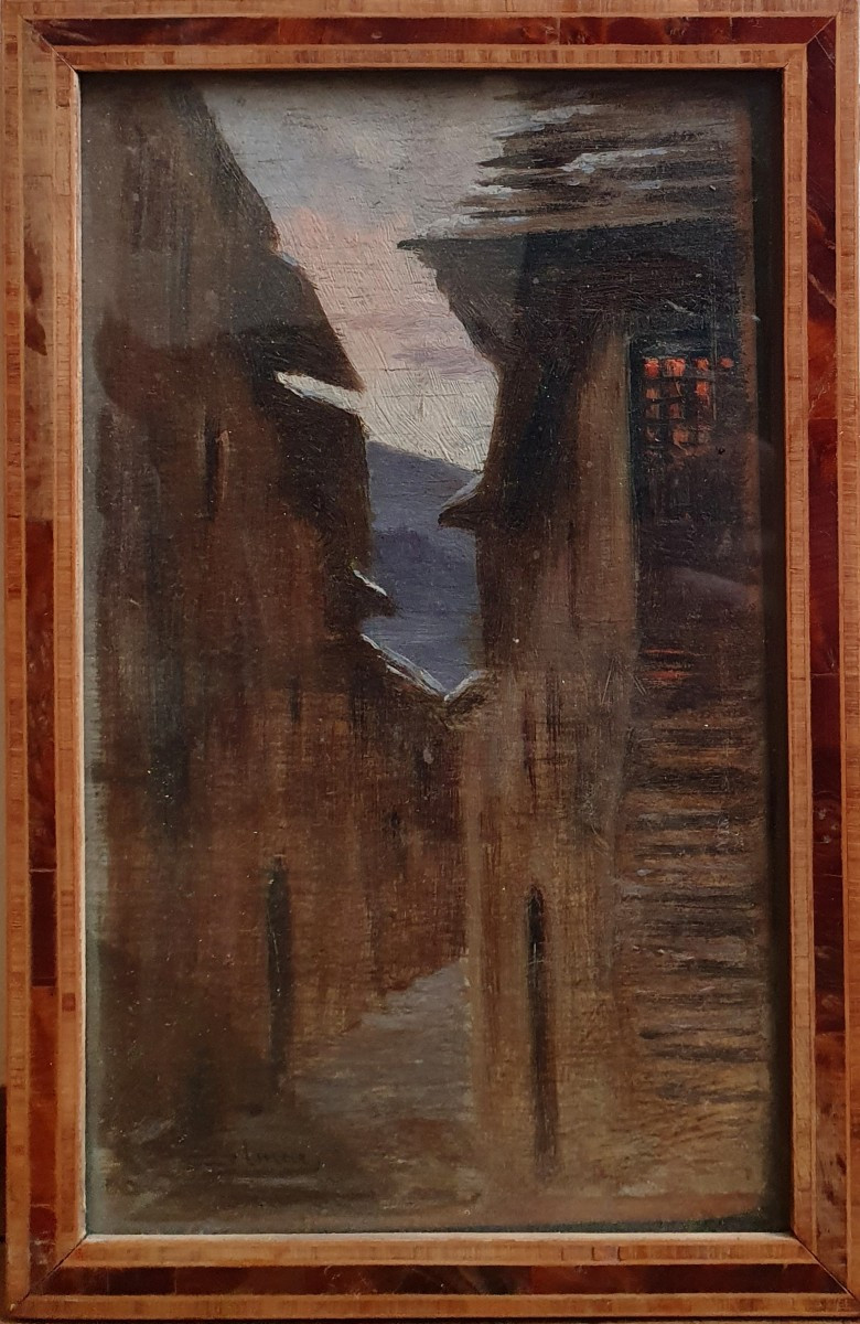 View Of A Snow-covered Village, Oil On Panel, Signature To Be Identified, 1921-photo-2