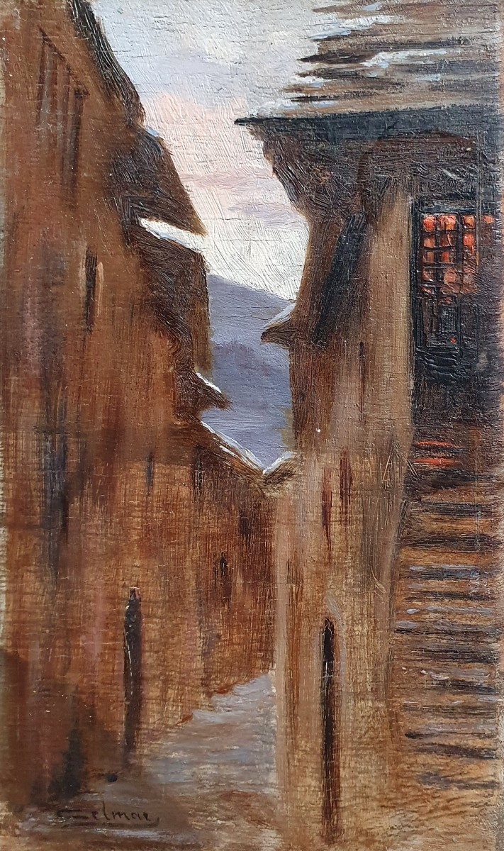 View Of A Snow-covered Village, Oil On Panel, Signature To Be Identified, 1921