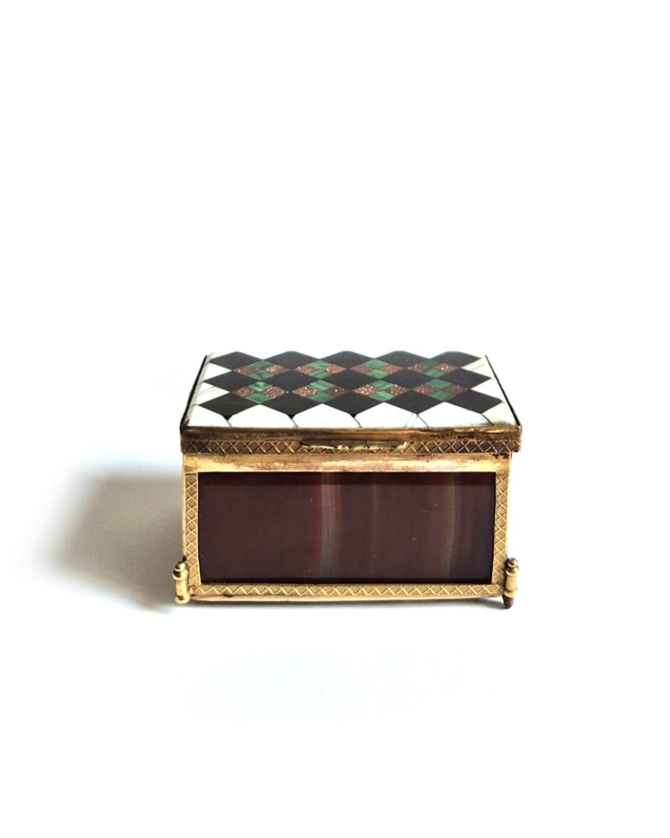 Boîte ancienne en bronze, agate malachite aventurine, milieu XIXe siècle-photo-3