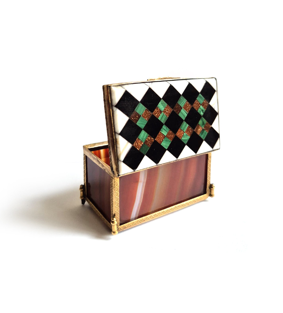 Boîte ancienne en bronze, agate malachite aventurine, milieu XIXe siècle
