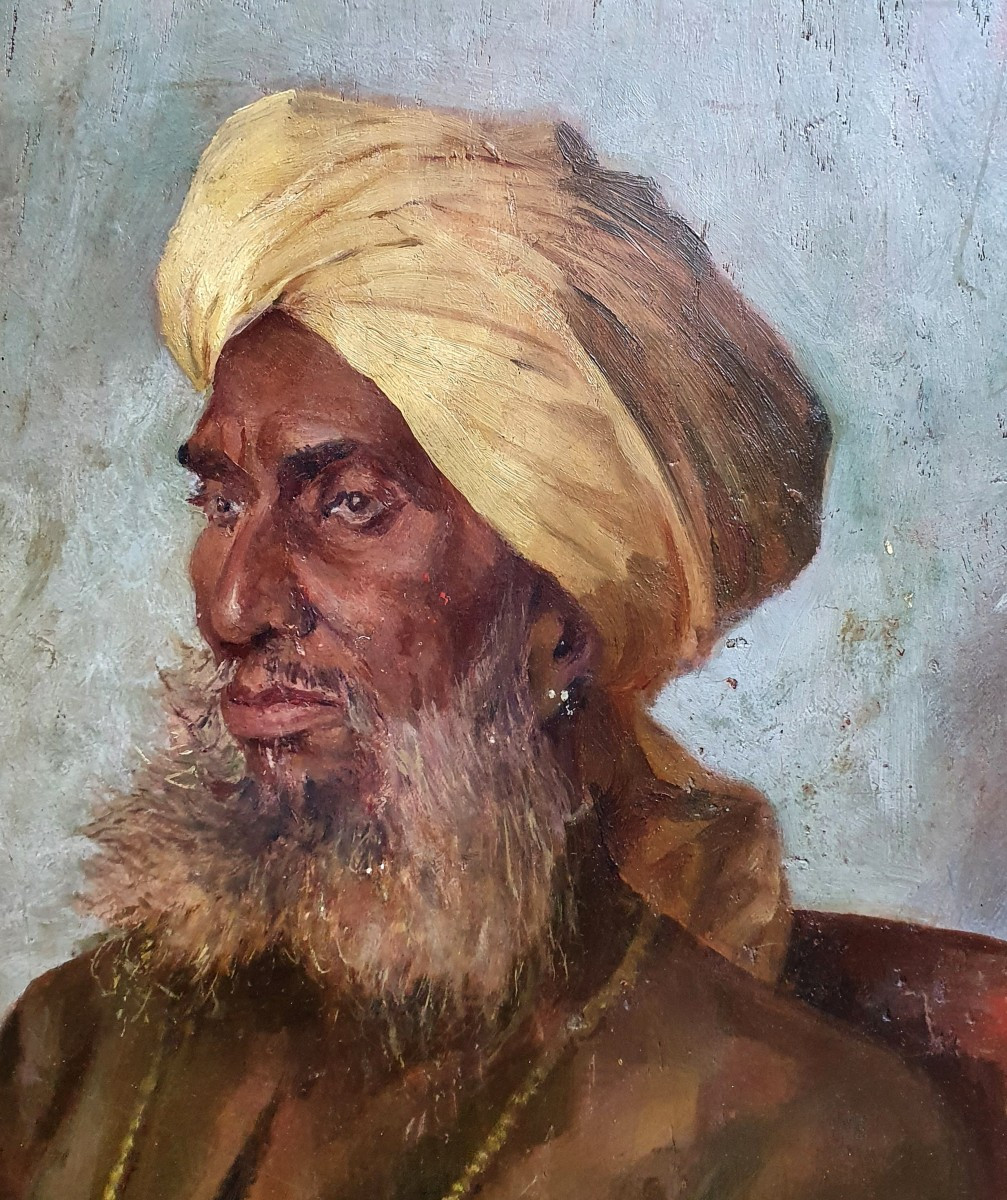 Portrait d'un indien Sikh huile sur panneau Inde début XXème-photo-3