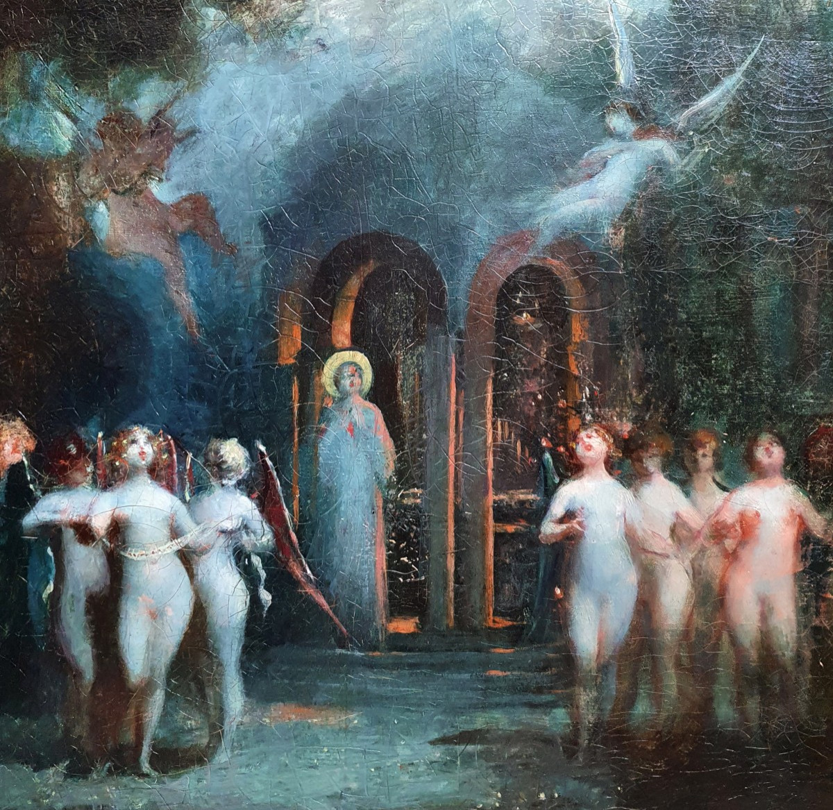 Scene symboliste huile sur toile de la fin du XIXème siècle -photo-2