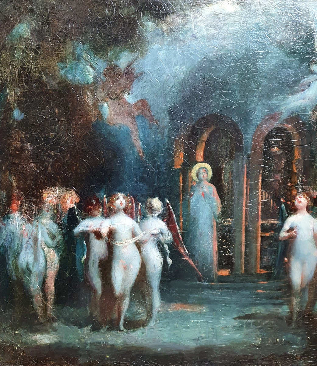 Scene symboliste huile sur toile de la fin du XIXème siècle -photo-1