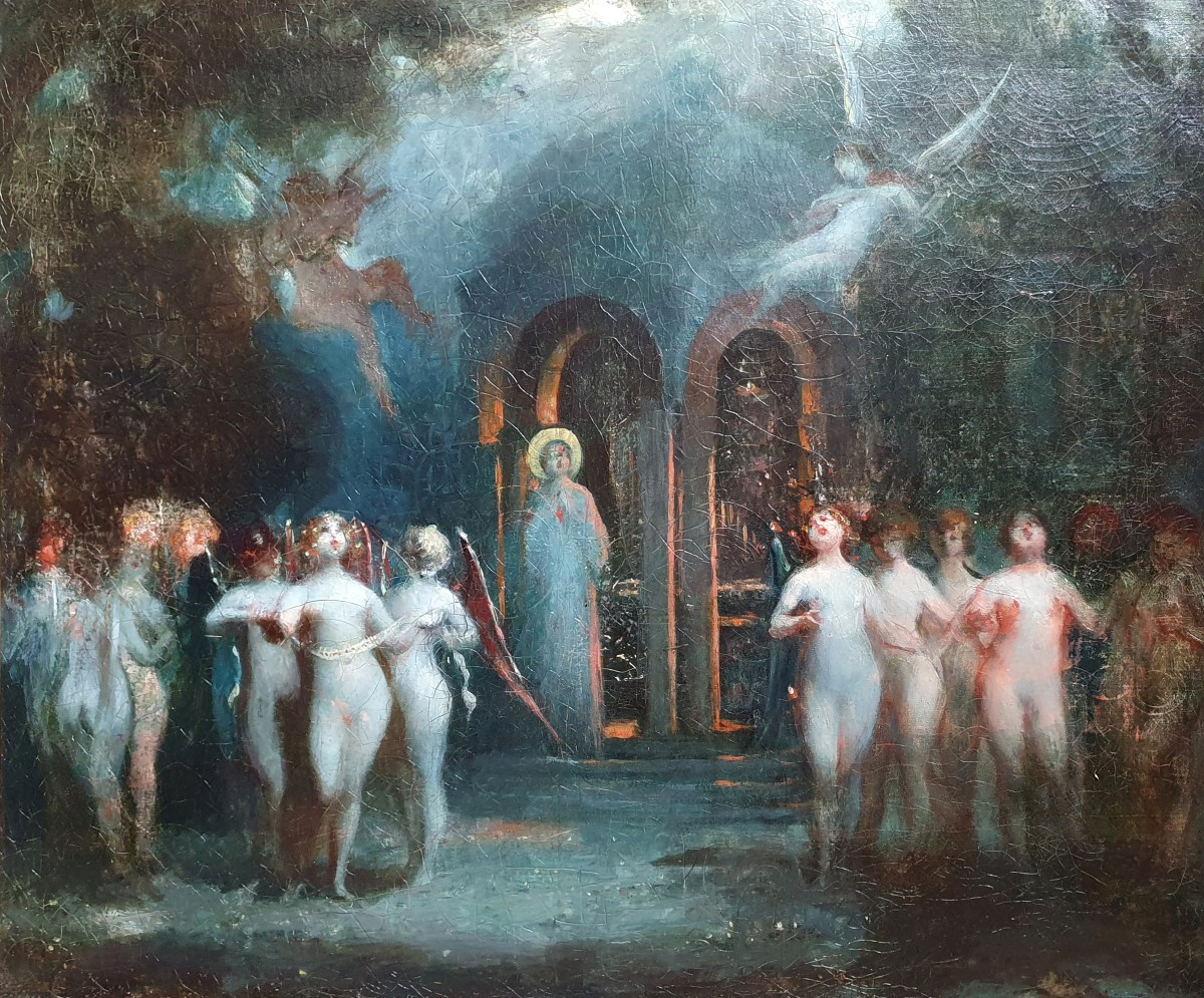 Scene symboliste huile sur toile de la fin du XIXème siècle 