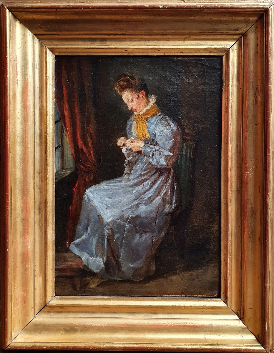 Woman Seated In An Interior, Oil On Canvas, Circa 1830, Sketch -photo-2
